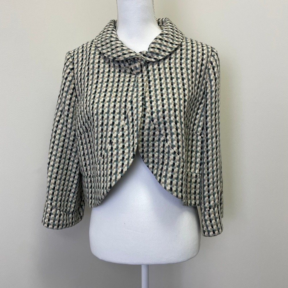 Philosophy by Republic Cropped Jacket Blue Geometric Woven Bolero Blazer Size 8